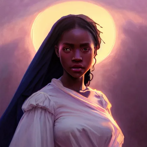 Image similar to a Photorealistic dramatic hyperrealistic bright blue eyes, African American elegant girl, black hair, white veil,by WLOP,Artgerm,Greg Rutkowski,Alphonse Mucha, Dang My Linh, Beautiful dynamic dramatic bright sunset lighting,shadows,cinematic atmosphere,Artstation,concept design art,Octane render,8k, garden