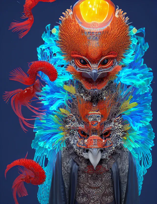 Prompt: 3 d shaman portrait. beautiful intricately detailed japanese crow kitsune mask and clasical japanese kimono. betta fish, jellyfish phoenix, bio luminescent, plasma, ice, water, wind, creature, artwork by tooth wu and wlop and beeple and greg rutkowski