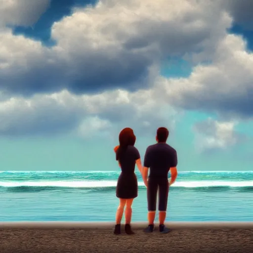 Prompt: a man and a woman looking to the sea in a beach, sunshine, realistic, clouds , illustration, artstation