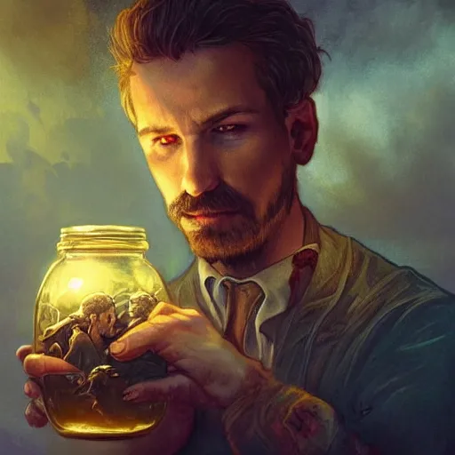 Image similar to man holding he's soul in a jar portrait, backlight, rim lighting, deep focus, d & d, fantasy, intricate, elegant, highly detailed, digital painting, artstation, concept art, matte, centered, sharp focus, illustration, hearthstone, art by artgerm, greg rutkowski and alphonse mucha