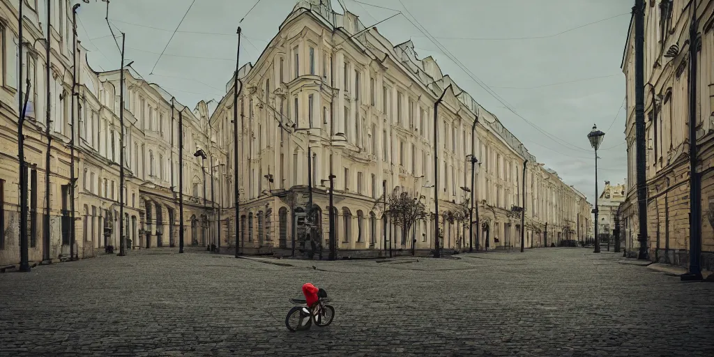 Prompt: cinematic street shot of a flying laputa city, saint petersburg, telephoto, anamorphic cinematography, beautiful composition, color theory, leading lines, photorealistic, moody volumetric lighting