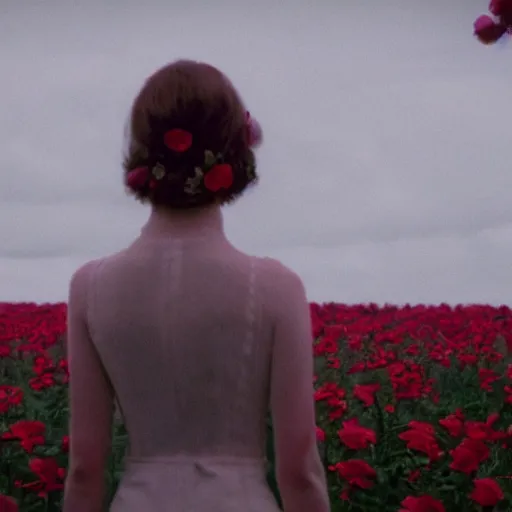 Image similar to movie still of the girl with the flowers instead of head, cinematic composition, cinematic light, by edgar wright and david lynch