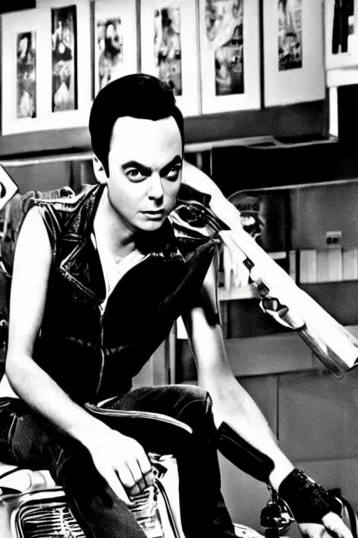 Image similar to sheldon from big bang theory as a greaser