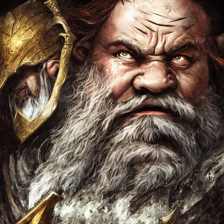 Prompt: dwarf warrior in mountain, lord of the rings style, fantasy, poster, character portrait, portrait, close up, concept art, intricate details, highly detailed, full body, 8 k