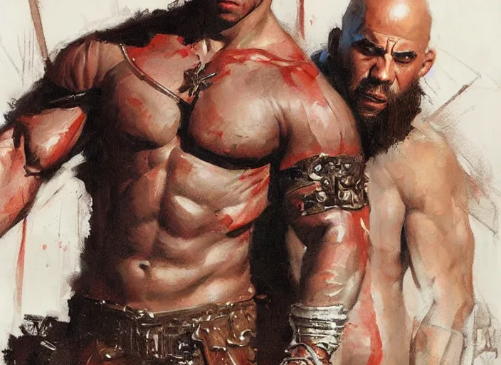 Image similar to a highly detailed beautiful portrait of vin diesel as kratos, by gregory manchess, james gurney, james jean