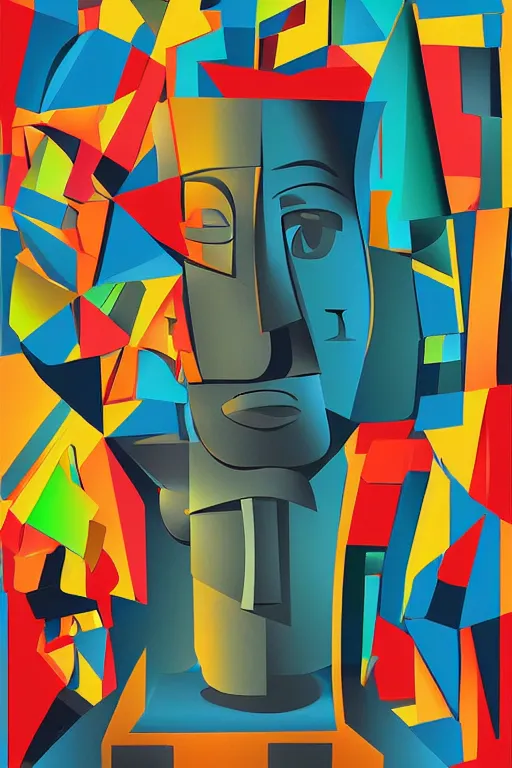 Image similar to cubist moai statue cutout digital illustration cartoon colorful beeple