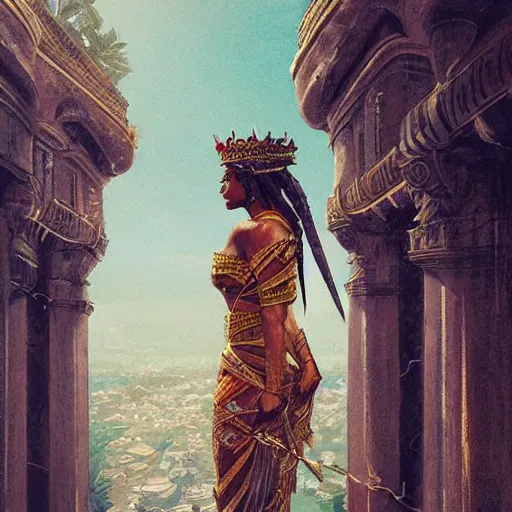 Image similar to a fijian queen looks down on her city from the palace balcony, fantasy art by greg rutkowski