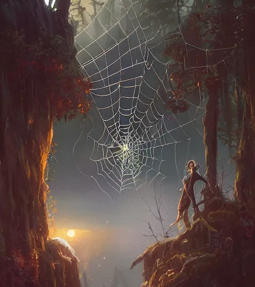 Prompt: highly detailed spiderweb, stephen bliss, unreal engine, fantasy art by greg rutkowski, loish, rhads, ferdinand knab, makoto shinkai and lois van baarle, ilya kuvshinov, rossdraws, tom bagshaw, reflective global illumination, god rays, detailed and intricate environment