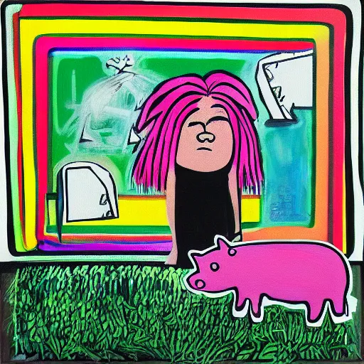 Prompt: “queer woman with long pink hair near a grassy pig, money, capitalism, acrylic and spray paint and oilstick on canvas, neoexpressionism”