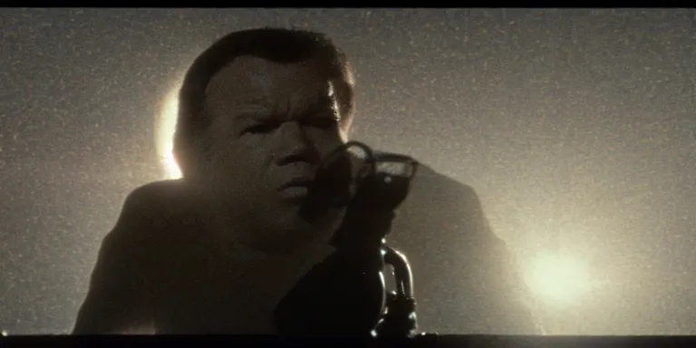 Image similar to photorealistic wide two shot cinematography of a young william shatner fighting a giant floating eyeball sci - fi prop in a twilight zone episode shot on film at magic hour with the sun shining into a large 6 0's hotel lobby room filled with volumetric haze by the shining cinematographer john alcott on a cooke panchro 2 7 mm lens.