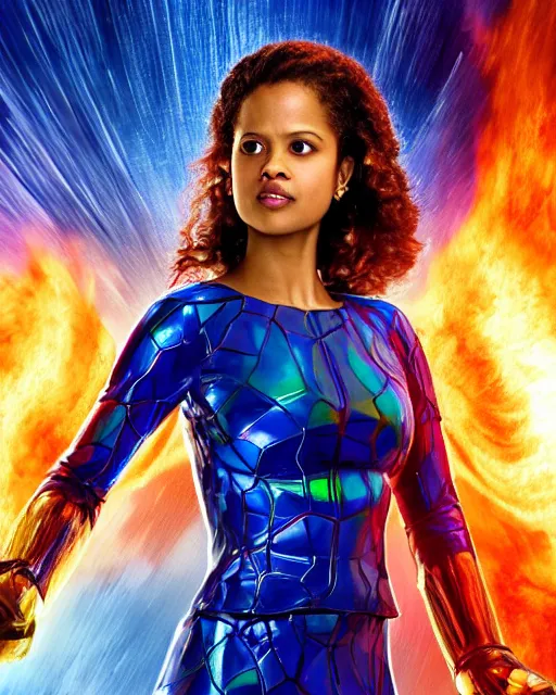 Prompt: beautiful actress gugu mbatha - raw as superhero sue storm in live action fantastic four movie, gugu is practicing creating a giant iridescent soap like bubble force field around her body