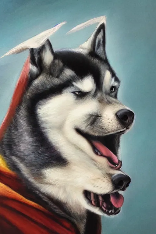 Image similar to a portrait painting of a husky in cowboy costume in the style of anime, character design, a fistful of dollars, per un pugno di dollari