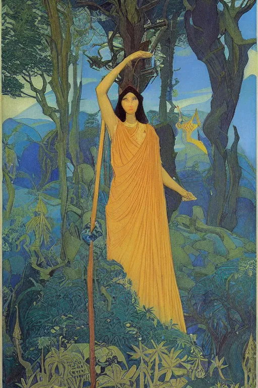 Prompt: lost queen of the forest with her scepter, by Nicholas Roerich and jean delville and Maxfield Parrish, dramatic cinematic lighting , ornate headdress , lost civilizations, extremely detailed