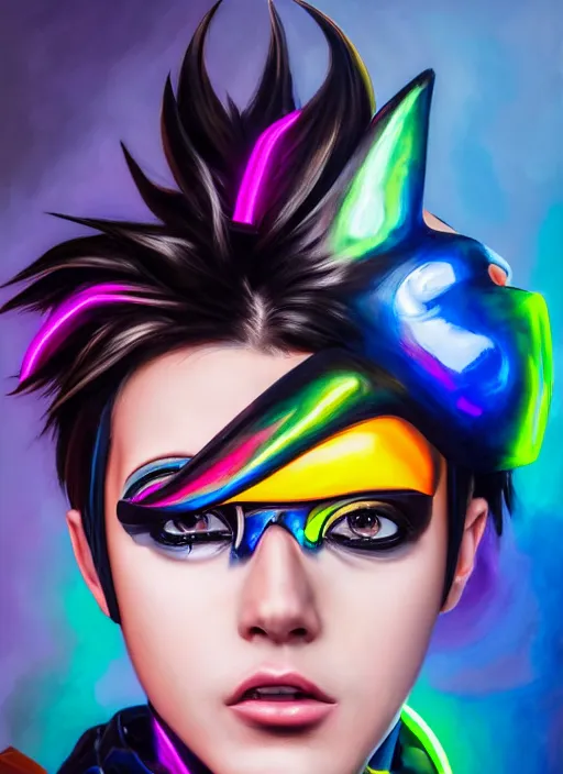 Image similar to realistic oil painting portrait of tracer overwatch, confident pose, wearing black iridescent rainbow latex, rainbow, neon, 4 k, expressive surprised expression, makeup, wearing detailed black leather collar, wearing sleek armor, studio lighting, black leather harness, expressive detailed face and eyes,