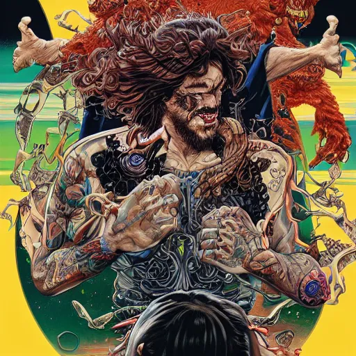 Image similar to portrait of crazy post malone punching, symmetrical, by yoichi hatakenaka, masamune shirow, josan gonzales and dan mumford, ayami kojima, takato yamamoto, barclay shaw, karol bak, yukito kishiro