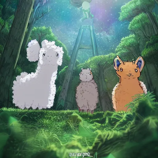 Image similar to fluffy alpaca contagion multiverse scifi ghibli style in a forest claiming the forest for their own