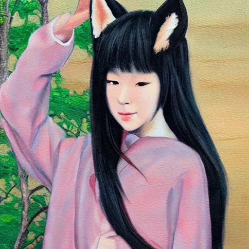 Image similar to a painting of a young Japanese woman with fox ears, realistic, beautiful