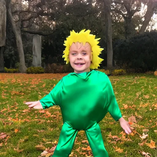 Image similar to four year old boy dressed up as a turtle, halloween costume, blonde hair,