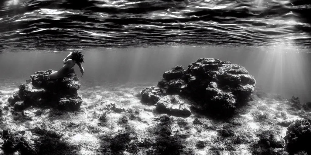 Prompt: wide angle view, underwater looking up, woman of color model swimming in large tall rock trench , toward the sun rays and caustics, film , cinematic, black and white underwater photography