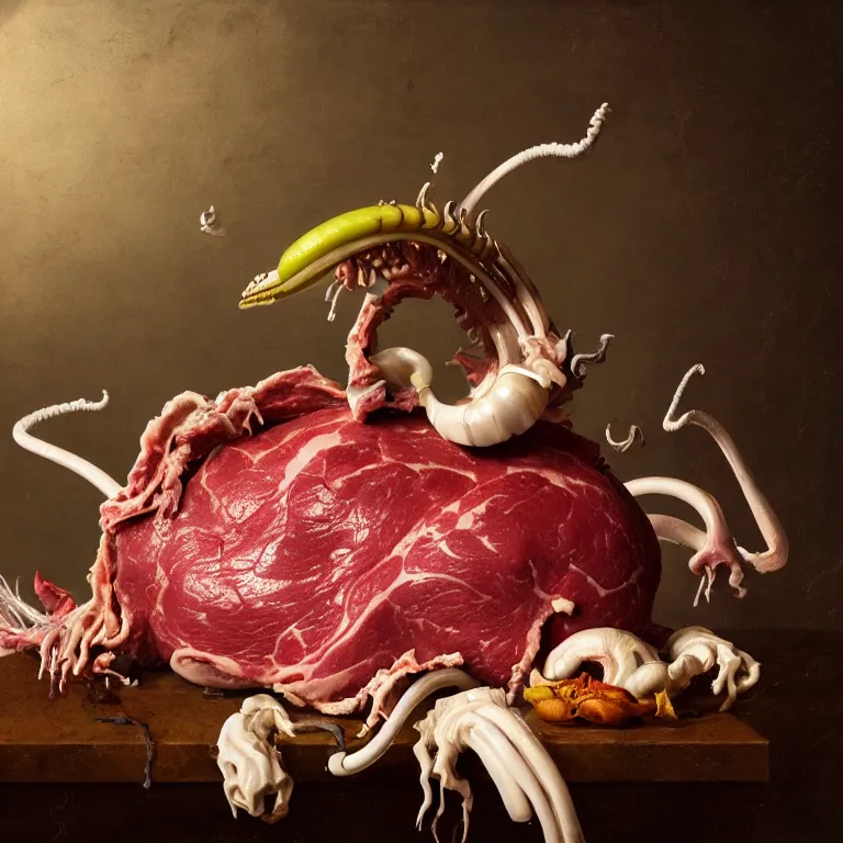 Image similar to still life of rotten meat flesh, white xenomorph, beautiful pastel tropical flowers, metallic human spine, colorful mold, baroque painting, beautiful detailed intricate insanely detailed octane render, 8K artistic photography, photorealistic, chiaroscuro, Raphael, Caravaggio