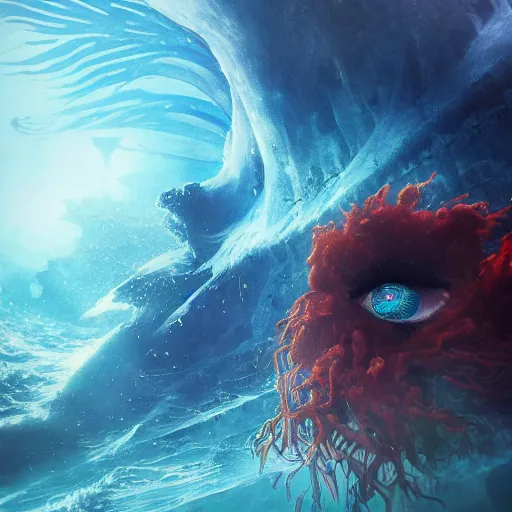 Prompt: beautifully stunning eye submerged in the depths of the ocean, james jean, brian froud, ross tran, ultra detailed, atmospheric, epic composition, coral reef, cinematic, unreal engine, flares, particles, volumetric light