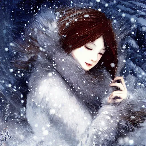 Image similar to girl in a snowy landscape, digital art, by Yoshitaka Amano, oil on canvas