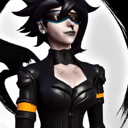 Image similar to a 3 d render of tracer from overwatch but in a gothic style, wearing black lipstick and black eyeliner, 4 k, detailed,