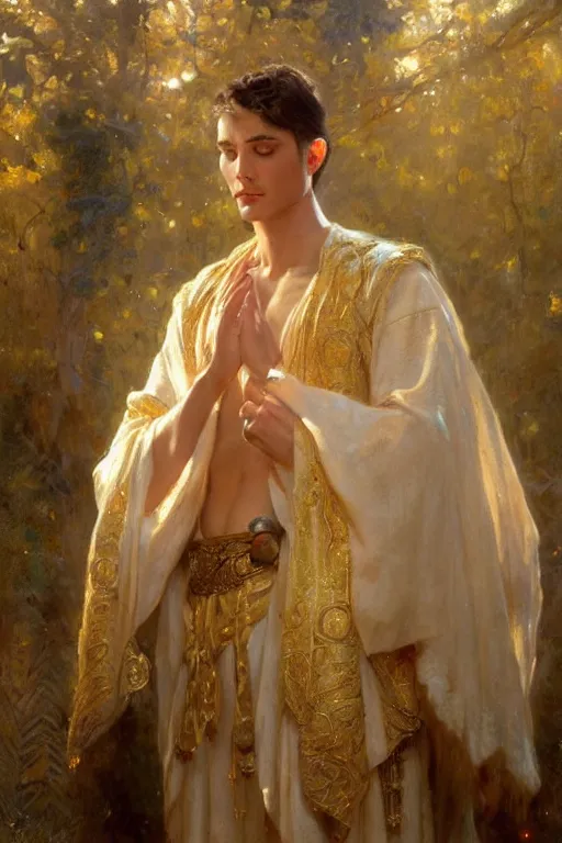 Image similar to full body portrait of a beautiful ethereal delicate mage king meditative pose, highly detailed painting by gaston bussiere, craig mullins, j. c. leyendecker, 8 k, mid shot