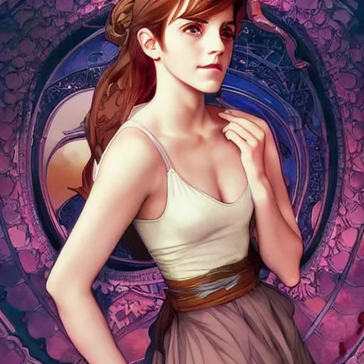 Image similar to emma watson being shy perfect coloring, low saturation, epic composition, masterpiece, bold complimentary colors. stunning masterfully illustrated by artgerm, range murata, alphonse mucha, katsuhiro otomo