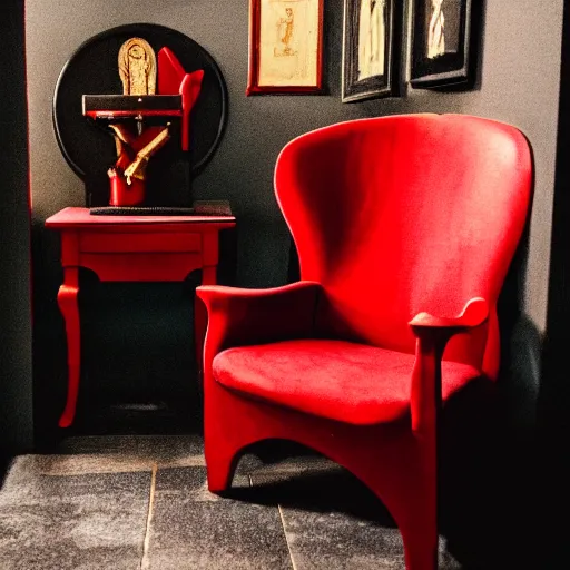 Image similar to a red chair, surrounded by sinister gold tools, at the end of a black stone hallway