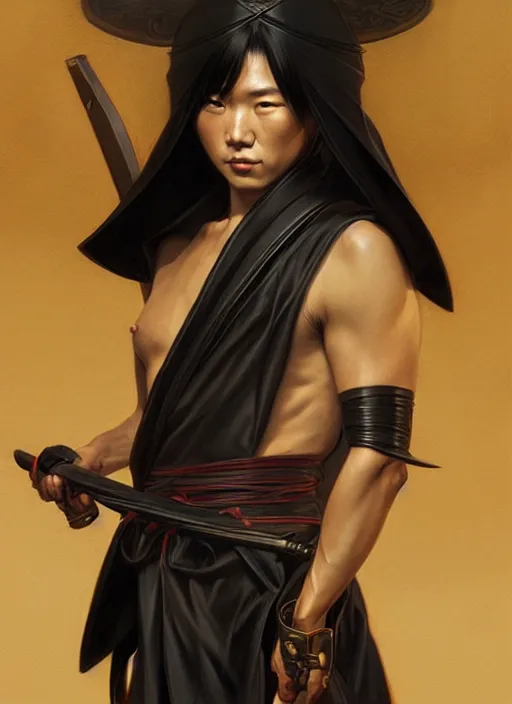 Image similar to portrait of an Japanese warrior, muscular, black leather robes! intricate, elegant, highly detailed, digital painting, artstation, concept art, smooth, sharp focus, illustration, art by artgerm and greg rutkowski and alphonse mucha