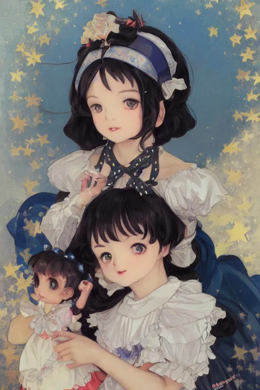 Image similar to a character design of black - haired little girl in a blue lolita dress with stars and petticoat holding a doll sitting on the subway by krenz cushart and mucha and akihito yoshida and greg rutkowski, detailed eyes, 4 k resolution