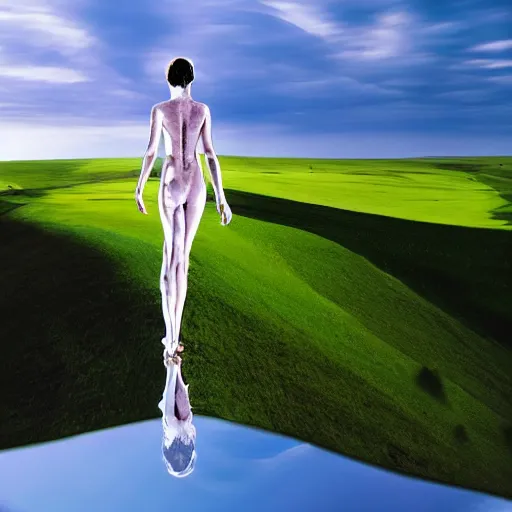 Image similar to human form showing visible refraction against a lush landscape high definition photography