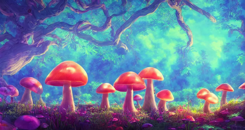 Image similar to a beautiful painting of psychedelic mushrooms by studio ghibli, gigantic, octane render, brilliantly coloured, intricate, ultra wide angle, trending on artstation, dusk, volumetric lighting, polished, micro details, ray tracing, 8k