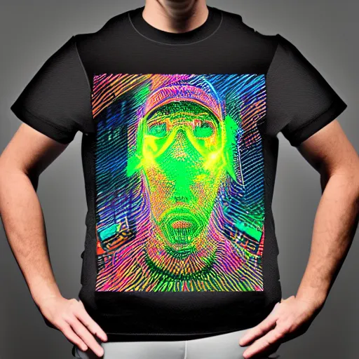 Image similar to mockup of a black tshirt with a hyperdetailed portrait of a cyberpunk robot by hajime sorayama, 8 k, symetrical, flourescent colors, happy trippy mood, multicolored,