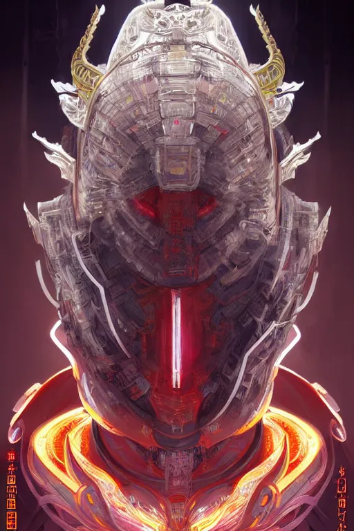 Image similar to asura from chinese myth, ghost, mecha, symmetrical. sci - fi, tech wear, glowing lights, intricate, elegant, highly detailed, digital painting, highly detailed, digital painting, artstation, concept art, smooth, sharp focus, illustration, art by artgerm and greg rutkowski and alphonse mucha