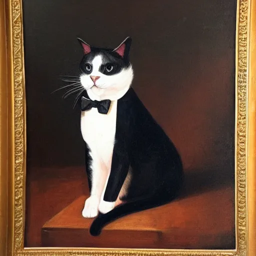 Prompt: A Baroque painting of a stylish tuxedo cat