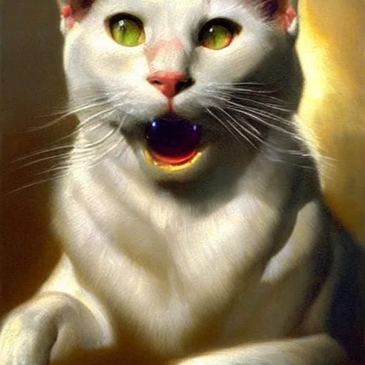 Image similar to a portrait of a manly white cat feline, blue eyes, handsome, attractive, fit, star trek the next generation. highly detailed painting by gaston bussiere, craig mullins, j. c. leyendecker, furry