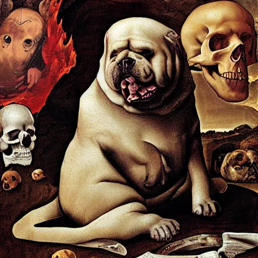 Image similar to obese dog in hell, sitting next to a human skull, renaissance painting