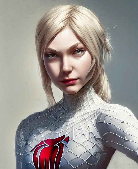 Image similar to gwen stacy female spiderman, pure white, au naturel, hyper detailed, digital art, radiant highlight, trending in artstation, cinematic lighting, studio quality, smooth render, unreal engine 5 rendered, octane rendered, art style by klimt and nixeu and ian sprigger and wlop and krenz cushart.