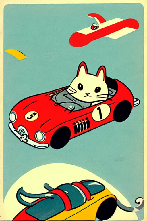 Prompt: by richard scarry. car racer cat. a 1 9 5 0 s retro illustration. studio ghibli. muted colors, detailed