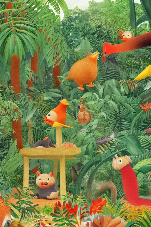 Prompt: rare bird in the jungle, hyper detailed, unreal engine render concept art, style of henri rousseau and richard scarry and hiroshi yoshida