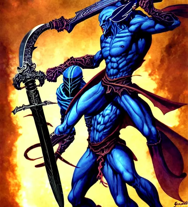 Image similar to raziel from soul reaver holding the physichal sword battling against kain, with the pillars of nosgoth on the background, syd mead and mark brooks, female, feminine, futurism, intricate linework, colors by frank frazetta