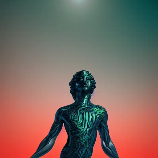 Image similar to greek statue dripping black iridescent liquid by alex grey, mountains in background, geometric vines, moody, dramatic, introspective, 8 k, octane render, photorealistic, hyper detailed, perfect lighting