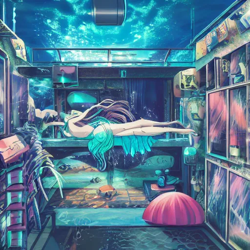 Image similar to anime background of the interior of an underwater microapartment, a loft bed, book case, computer desk, various coral seashells overtaking it, nostalgia, vaporwave, litter, steampunk, cyberpunk, water caustics, anime, vhs distortion, dynamic shot, cinematic, letterbox, and an overall mermaid aesthetic, art created by miyazaki