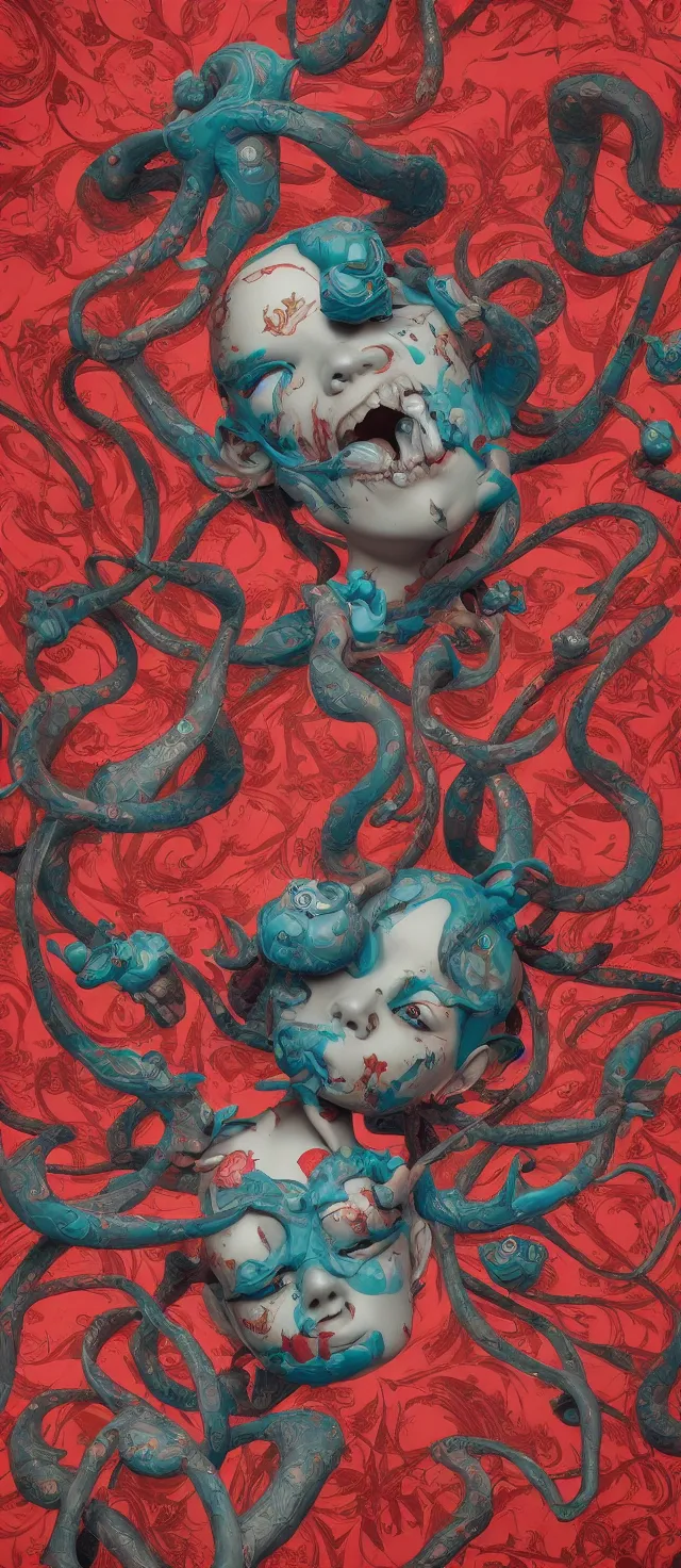 Image similar to evil by james jean, high quality masterpiece painted, detailed patterned background, 4 k, trending on artstation, octane render,