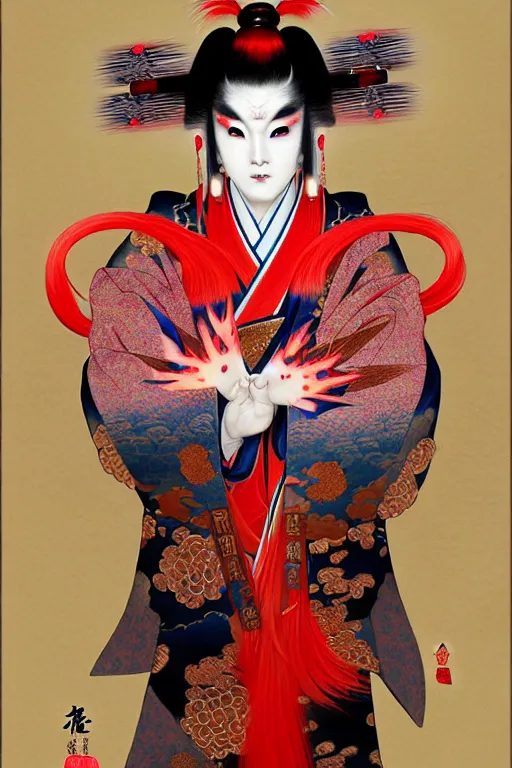 Prompt: elaborate illustration of an insane kabuki warrior showing his palm while emitting a visible aura of madness, intricate kimono and a red wig, crossed eyes, hazy atmosphere, in the style of fenghua zhong and ruan jia and jeremy lipking and peter mohrbacher, mystical colors, rim light,