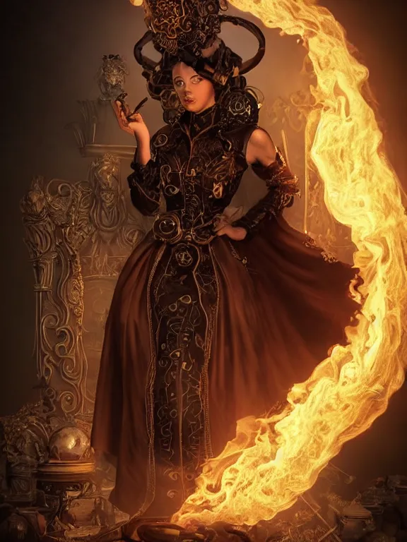 Prompt: evil steampunk pyromancer woman, beautiful facial features, ornamental halo, black shirt, brown body, coat, intricate robes, sitting on obsidian throne, fractal fire background, sharp focus, highly detailed, cinematic lighting, studio quality, chiaroscuro, smooth render, unreal engine 5 rendered, octane, rendered, by artgerm, greg rutkowski, alphonse mucha