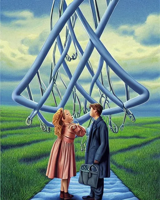 Image similar to in a field, two scientists in lab coats encounter a monster shaped like the DNA double helix, stormy weather, by Rob Gonsalves, dark