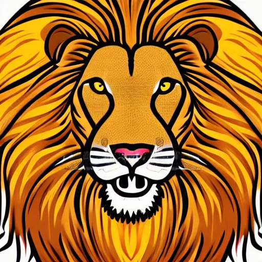 Prompt: full body portrait Lion with a sympathetic and expressive face, round and well-drawn eyes, mouth is simple and pleasant, ears are listening, body is strong and upright, paws firm to the ground, tail slightly wavy, Anthropomorphic, highly detailed, colorful, illustration, smooth and clean vector curves, no jagged lines, vector art, smooth